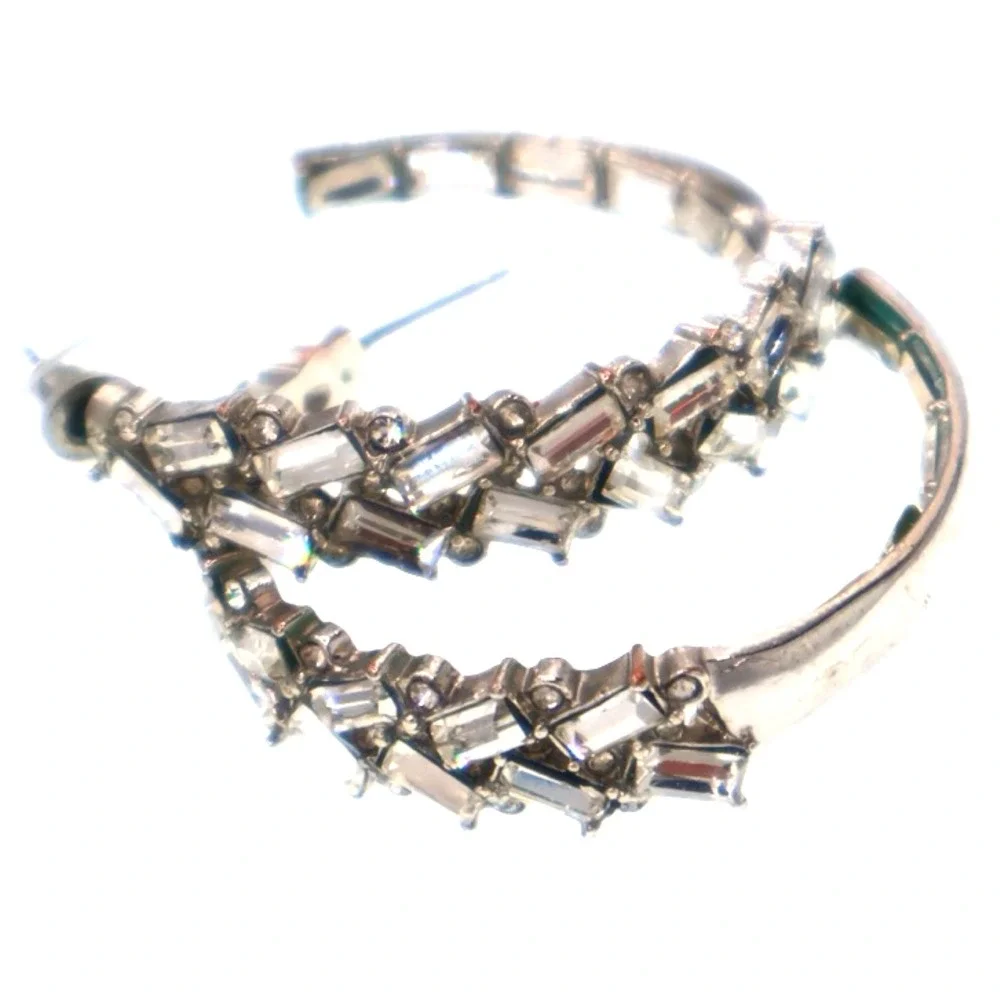 Kenneth Jay Lane Rhodium Crystal Front Hoop Earrings Silver Post Back - Picture 2 of 4